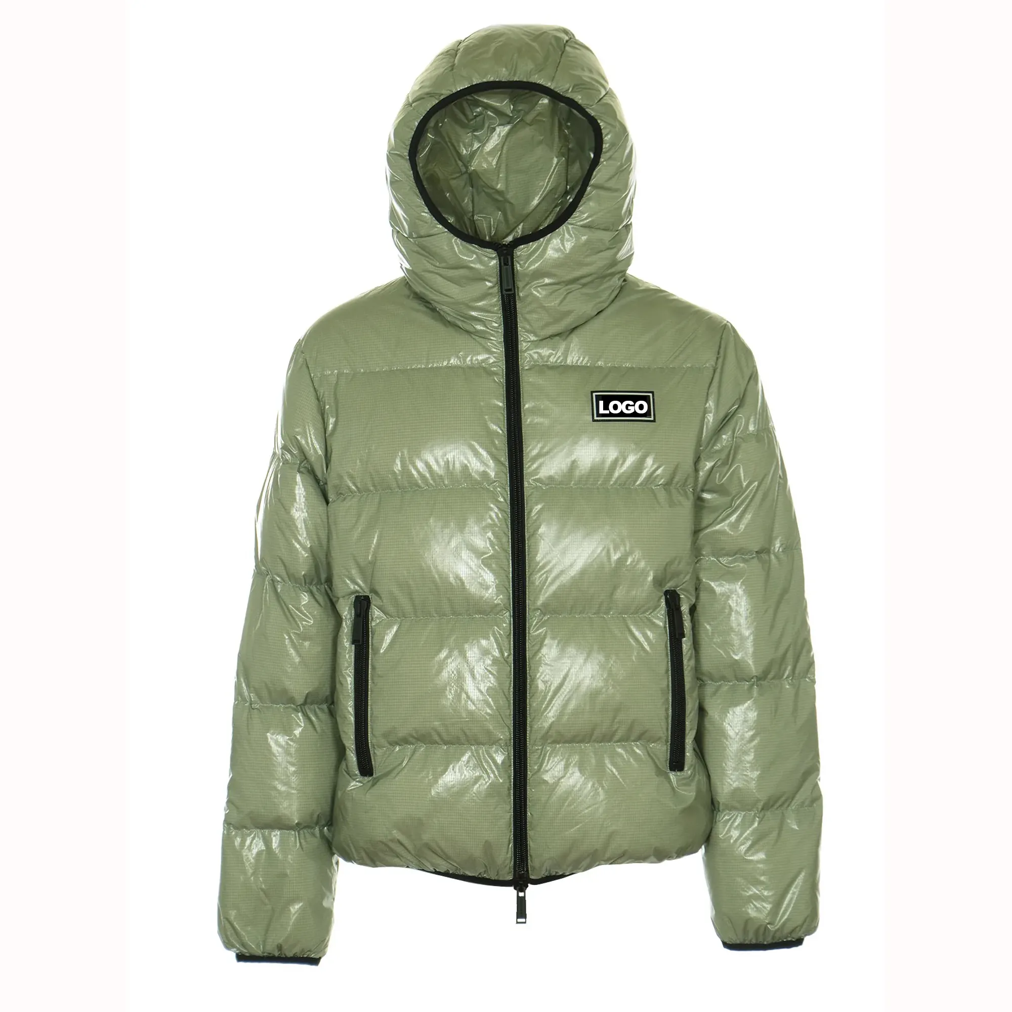 Custom Wholesale Goose Duck Fabric Winter Premium Sublimated Logo For Men Hooded Zipper Puffer Jacket Men'S Shiny Down Coat
