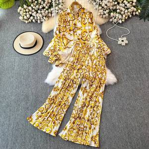 Camisa holgada con estampado de manga farol para mujer, pantalones de pierna ancha plisados de cintura alta, conjunto informal de 2 piezas, moda Sehe - Product Image 2