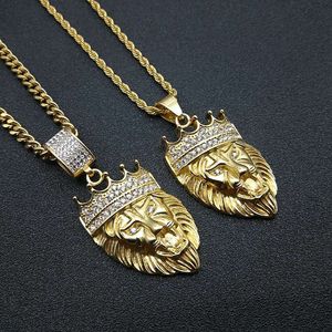 Collier pendentif tête de lion Hip Hop en acier inoxydable plaqué or avec couronne pavée de diamants, bijoux de fête pour homme - Product Image 1