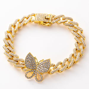 ラグジュアリーファッション 7mm 8mm シルバー/ゴールド/ローズゴールド バタフライ ブレスレット メンズ レディース ヒップホップ キューバンリンク ブレスレット - Product Image 1