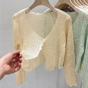 Cárdigan de punto fino de encaje para mujer, estilo coreano, casual, corto, de verano, para aire acondicionado, camisa superior, protección solar frontal, ropa exterior - Product Image 5