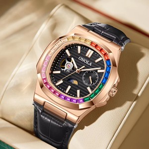 ONOLA 3855CH Reloj de lujo Manos luminosas Encanto Hombres Mecánico <span class=keywords><strong>Precio</strong></span> barato Moda Banda de cuero genuino Relojes automáticos para hombre - Product Image 2