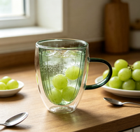 Mug à lait en verre borosilicate double paroi fait main, vert foncé, intérieur côtelé verticalement, poignée verte, anti-fuite, compatible lave-vaisselle