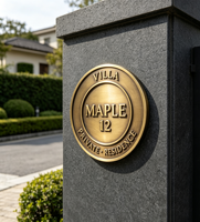 Plaques de porte d'hôtel modernes en laiton et acier inoxydable 3D personnalisées, écologiques, avec finition bronze gaufrée, garantie de 2 ans