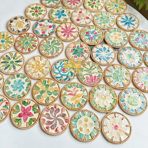 Sous-verres modernes de luxe faits à la main en rotin avec incrustation de nacre, écologiques, diamètre 10 cm, accessoires de table pour la maison - Product Image 5