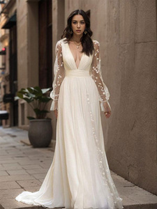 2026 Women's Wedding Dress Supply European and American Style Formal Dress Deep V-Neck Long Sleeve Wedding Gown Long Dress - Product Image 2