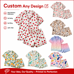 Custom 168g GSM Satin Summer Pajama Set Cherry Print Short Sleeve Breathable Eco-Friendly Personalized Women's Elastic Waist