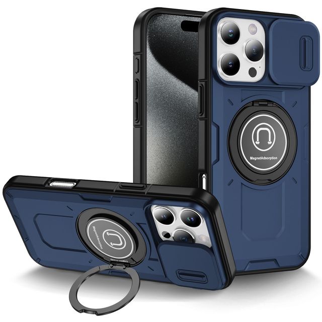 For iPhone 16 14 13 12 11 15 Pro Max Plus Luxury Heavy-Duty Rugged Armor Magnetic Bracket Case Slide Camera Protection PC Cover