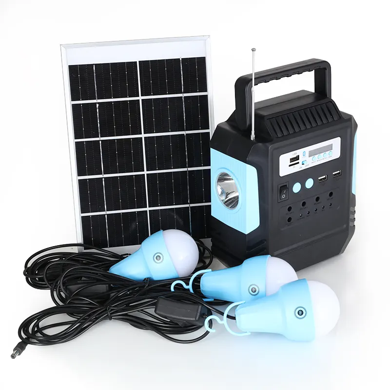 Lampe torche d'urgence à énergie solaire rechargeable portable système de kit d'éclairage solaire domestique avec haut-parleur sans fil FM