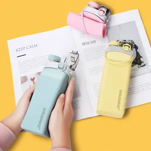 Eco friendly 100% Food Grade Square silicone colapsable folding drink water bottle With Straw