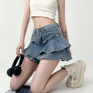 2026 High Waist A-<b>line</b> Slim Cute Sexy Mini <b>Jean</b> Pleated 2 Layers Skirt Women Denim Short Skirt With Safety Pants - Product Image 1