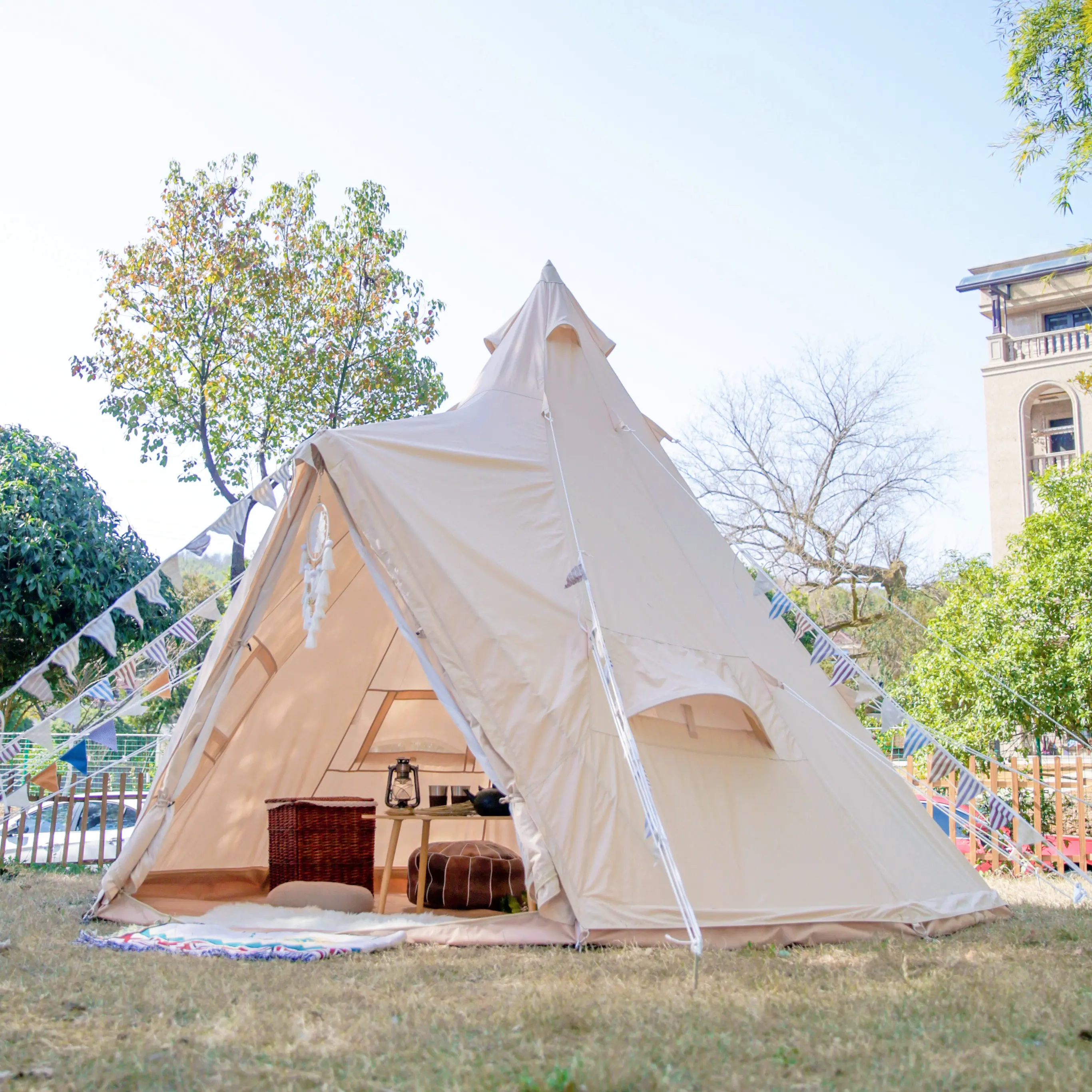 Katoen Canvas Volwassen Teepee Yurt Glamping Tent Tipi Tent Bruiloft Indian Piramide Familie Camping Outdoor Tenten