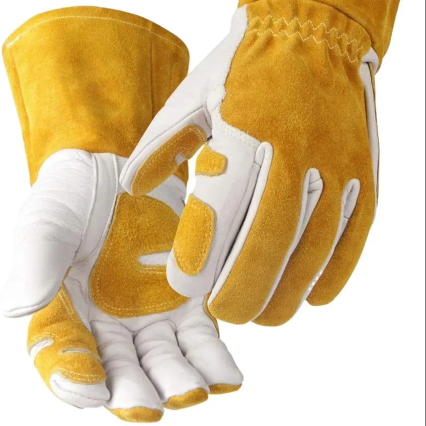 Gants de soudage MIG en cuir de vache fendu à grain supérieur flexibles personnalisés avec pouce de paume renforcé pour la main du soudeur