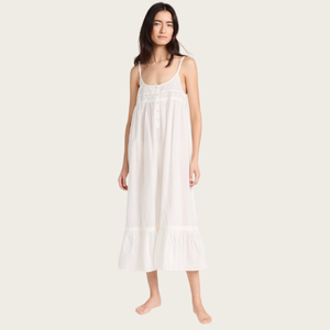 Women's White Cotton Nightgown Sleeveless Full Length Classic Style Button Fly Sleepwear Summer Soft Woven Fabric - Product Image 1