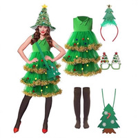 Ensemble de costumes d'Arbre de Noël 2026 pour femmes et enfants, comprenant robe en polyester, chapeau, sac et monture de lunettes, pour fêtes de Noël et cosplay