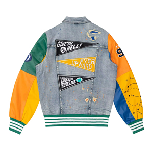 OEM Dom Tùy Chỉnh Người Đàn Ông <span class=keywords><strong>Letterman</strong></span> Áo Khoác Với Thêu Các Bản Vá Lỗi Cộng Với Kích Thước Đứng Cổ Áo Da Tay Áo Denim Bóng Chày Áo Khoác Cho Nam Giới - Product Image 6