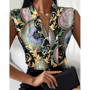 RNSHANGER Sommer blusen Ärmellose Damen oberteile Barock druck V-Ausschnitt Casual Top Damenmode Shirt für Damen - Product Image 1