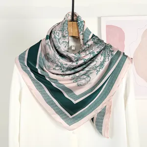 2022 New Product Fashion 110*110cm Bandana Women Square Floral Printed Hijab Satin Silk Scarf Shawls