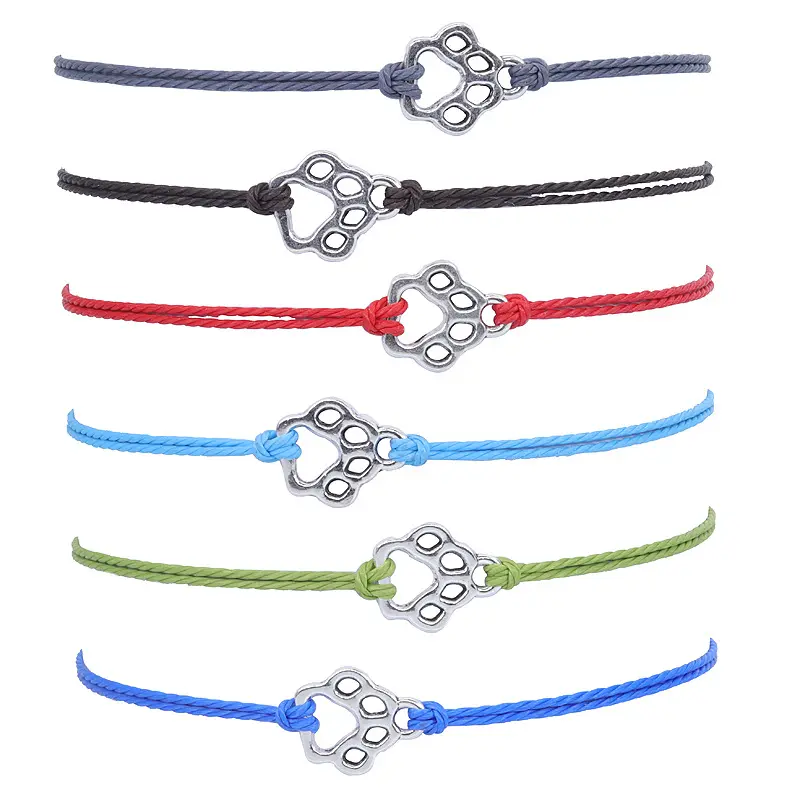 Handmade Multilayer Wax Rope Braided Bracelets Silver Dog Cat Paw Charms Bracelet Friendship Jewelry