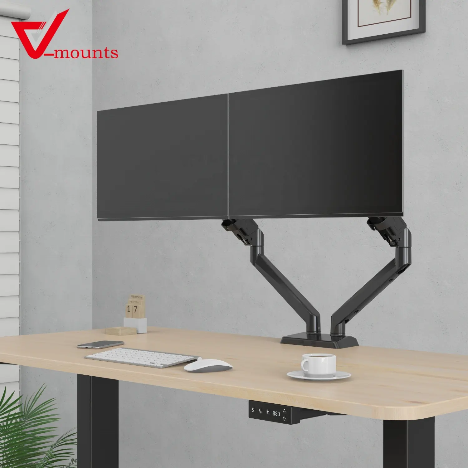 V-mounts Simple Installation Gas Spring Adjustable Dual Screen Monitor Mount Arm With Panel Quick Insert Function