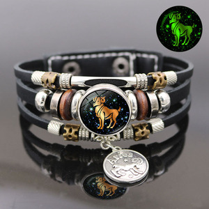 Glow in the Dark 12 <span class=keywords><strong>Horoscope</strong></span> Bracelet Lumineux Signes <span class=keywords><strong>du</strong></span> Zodiaque Bracelets Multi-Couche Bracelets en Cuir pour Hommes Femmes - Product Image 2