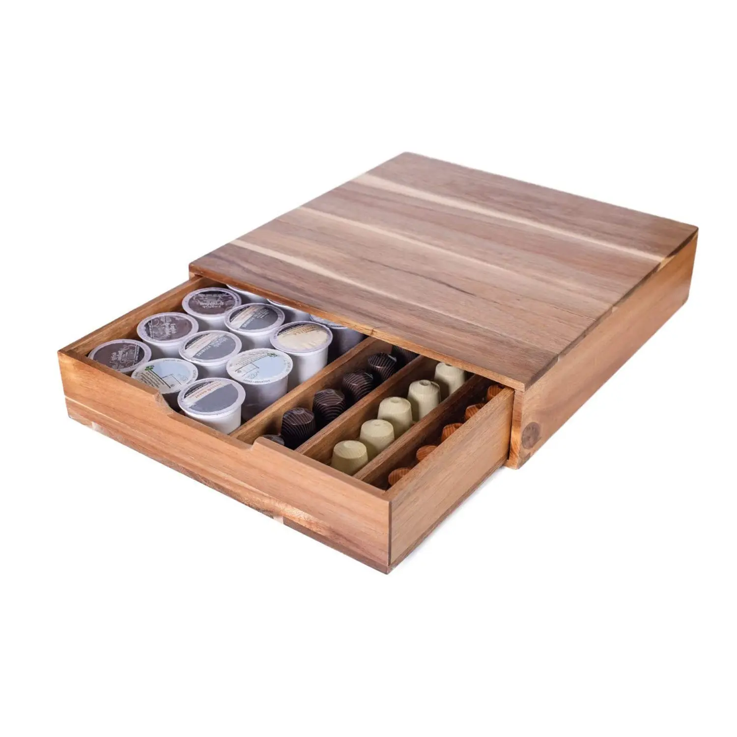 Modernes Modell Bambus Holz K-Cup Halter Akazie PC Schublade Organisator für Kaffee Tee Blatt-Kiste für die Küche
