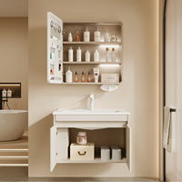 Armoire de salle de bain élégante en aluminium blanc crème à double porte, avec miroir, étagère ouverte, anti-traces de doigts, toucher agréable, pour hôtel