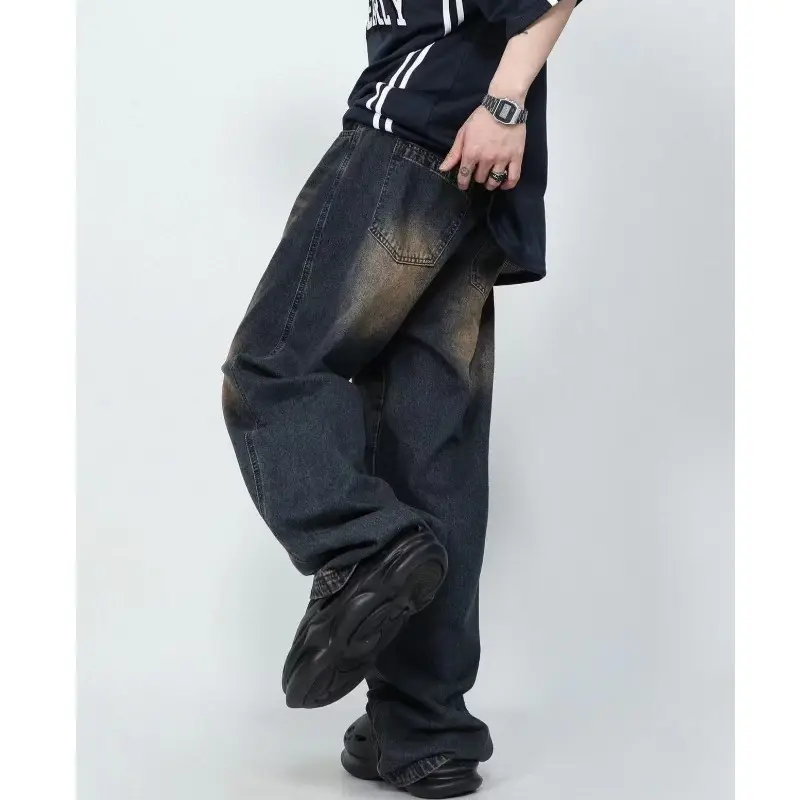 Pantaloni in denim da uomo di alta qualità chinos di design personalizzato jeans in cotone a gamba larga hiphop lavati vintage per uomo