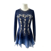 Robe de patinage artistique bleu marine à manches longues, jupe en mousseline de soie avec strass au dos rond, costume de performance pour compétition de patinage, sur mesure