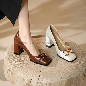 Design Metal Buckle Retro Single <b>Shoes</b> Autumn Women's <b>Shoes</b> Temperament Square Toe High Heels - Product Image 1
