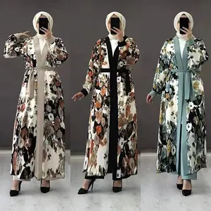 Africa Muslim casual printed lace up cardigan robe 3 pieces sets daffah abaya thobe ramadan elegant women Islamic clothing suits