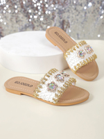 Chaussons plats pour filles, mode estivale, élégance, bord brut doré, design de fleurs en cristal scintillant, pantoufles pour enfants