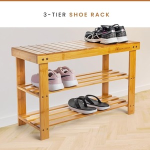 Sturdy Shoe Organizer Shoe Storage Organizer for Entryway Bathroom Shoe <b>Rack</b> <b>Bench</b> 3-Tier Wood Shoe Storage Organizer - Product Image 2