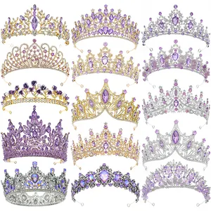 Elegante corona di cristallo di strass personalizzato personalizzato all'ingrosso viola corona e Tiar