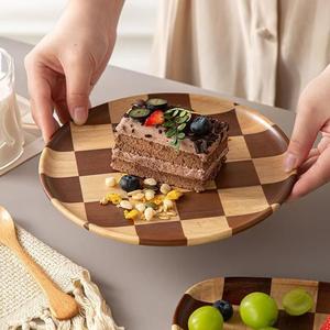 Checkerboard Wooden <b>Tray</b> Round Solid Wood Eco Friendly Serving <b>Tray</b> For Food Bread Snacks Fruit Hotel Coffee <b>Tea</b> - Product Image 2