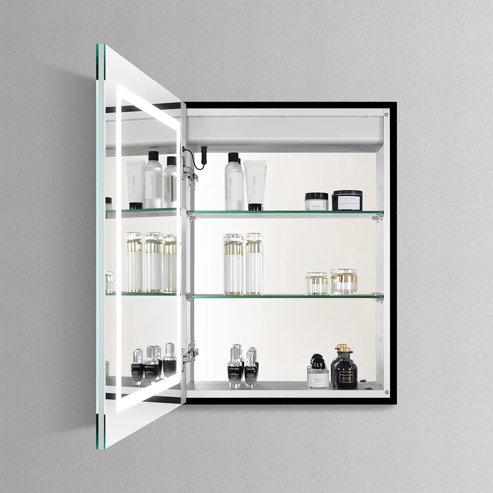 Зеркальный шкаф для лекарств с черной рамкой, светодиодный шкаф с зеркалом для ванной комнаты, встроенный и поверхностный шкаф для ванной комнаты
