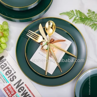 Services de vaisselle jetables en plastique vert avec bord doré, assiettes peintes à la main anti-fuite pour mariages et fêtes
