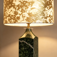 Lampe de table en marbre vert naturel, abat-jour cylindrique en tissu imprimé doré, lampe de bureau décorative de luxe pour hôtel, villa, chambre à coucher
