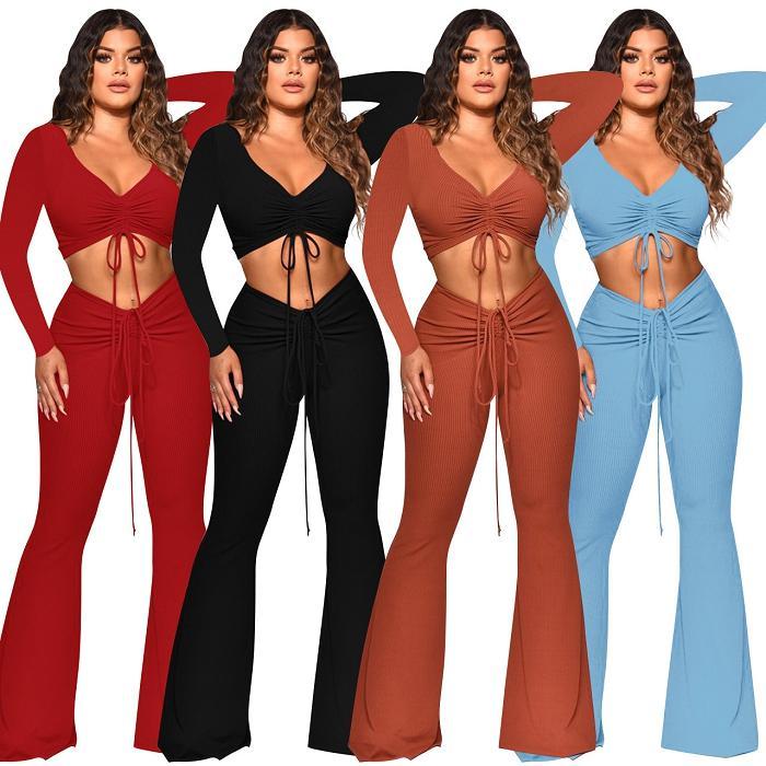 Darong Ensemble de survêtement 2 pièces pour femme - Haut froncé à manches courtes - Taille haute - Pantalon large, Rouge à rayures, Medium