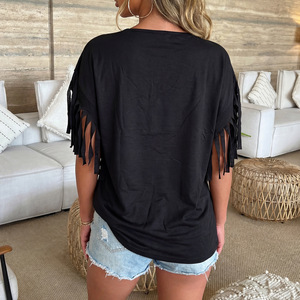 T-shirt femme en gros à ourlet à franges, col rond, coupe longue, <span class=keywords><strong>basique</strong></span>, pour superposition, décontracté, <span class=keywords><strong>simple</strong></span> et polyvalent - Product Image 2