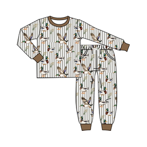 Longlv Conjunto de 2 piezas de ropa de dormir de algodón orgánico para bebés, con estampado de pato y rayas, pijama de manga larga - Product Image 3