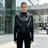 Vestes décontractées pour femmes, vestes en cuir noires courtes, vestes de style streetwear sur mesure en gros