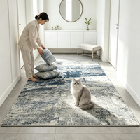 Tapis persan vintage à motifs floraux gris et bleu, effet vieilli, lavable, antidérapant, en polyester, décoration personnalisée pour la maison