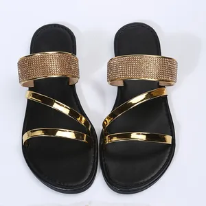 Strap Slide Slipper Fashion Ladies Slippers Women Summer Sandals Bling Slippers Wholesale Large Rhinestone 2022 New PU for Women