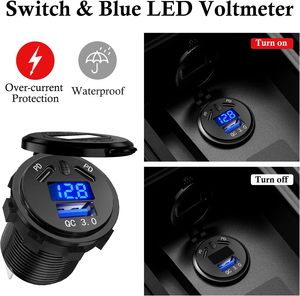3 Ports Car Charger <strong>Socket</strong> Dual 45W PD Type C &amp; 18W QC 3.0 <strong>with</strong> Voltmeter and Button Switch, <strong>USB</strong> Charger <strong>Socket</strong> for 12V/24V Car - Product Image 3