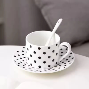 Black White Hepburn Style Porcelain Coffee Tea <b>Cup</b> Saucer Set Handle 200ml Capacity Includes Spoon Dishwasher Microwave Safe - Product Image 3