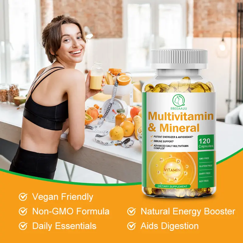 Özel etiket OEM 120pc A vitamini, C, B2, B3, B5, B6, B12 kalsiyum demir çinko Vegan Vitamin mineraller kapsül ile Multivitamin