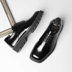 Chaussures décontractées pour hommes personnalisées, à lacets, taille 44, bout carré, en cuir noir, semelle épaisse, chaussures habillées et richelieu pour hommes - Product Image 6