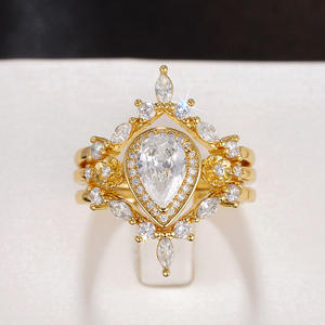 Anello da donna T0541 placcato oro 22k con diamante sintetico a taglio a pera, gioiello da matrimonio per lei - Product Image 5