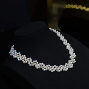 Collar de Perlas Tejido a Mano, Chapado en Oro de 14K, Perlas Naturales de Agua Dulce de 3-4mm, Casi Redondas, de Alto Brillo, Ligeramente Imperfectas - Product Image 1